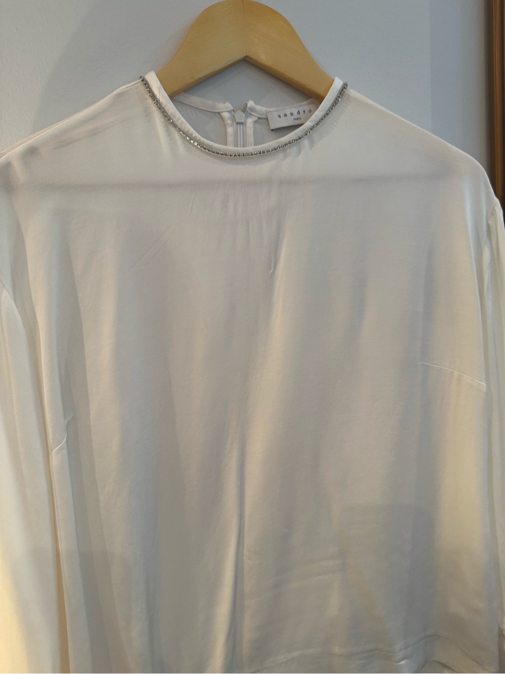 Sandro Woman Small Cream Long-Sleeve Crewneck Top with Rhinestone Neck Trim